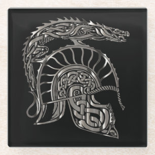Dessous-de-verre En Verre Casque de dragon métallique de guerrier cool