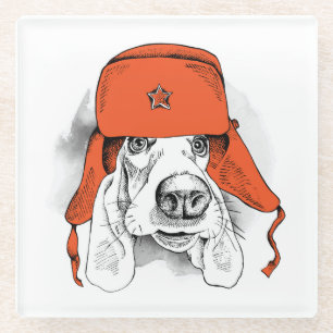 Dessous-de-verre En Verre Casquette rouge de Basset Hound   Ushanka