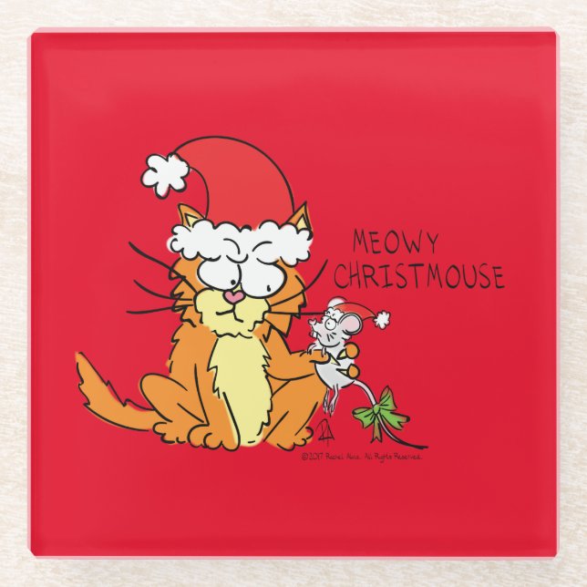 Dessous-de-verre En Verre Cat Christmas Drôle Cartoon Mouse mignonne (Devant)