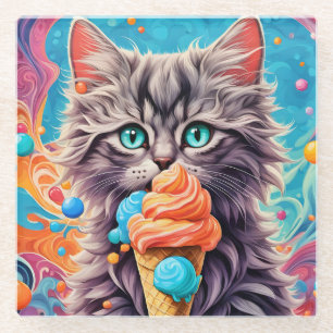 Dessous-de-verre En Verre Cat Manger Ice Cream Cone Drôle Kitten Cat 779