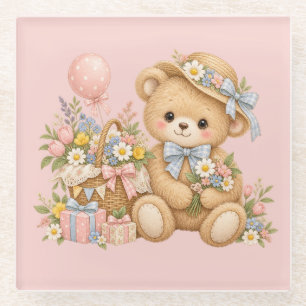 Dessous-de-verre En Verre Célébration de nounours vintage avec des fleurs sa