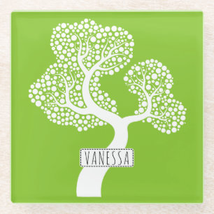 Dessous-de-verre En Verre Cercle abstrait blanc arbre et nom, vert citron