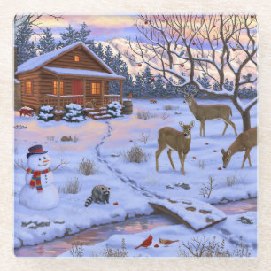 Dessous-de-verre En Verre Cerf Cabine D'Hiver Dans La Scène De Noël De Neige