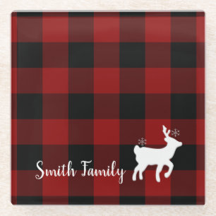 Dessous-de-verre En Verre Cerf de Noël sur Buffalo Plaid Custom