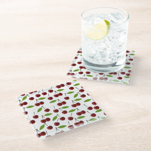 Dessous-de-verre En Verre Cerise Rouge, Motif De Cerises, Feuilles, Fruits