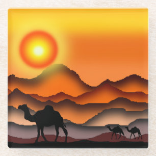 Dessous-de-verre En Verre Chameaux Dans Beau Coucher De Soleil Désert - Pein