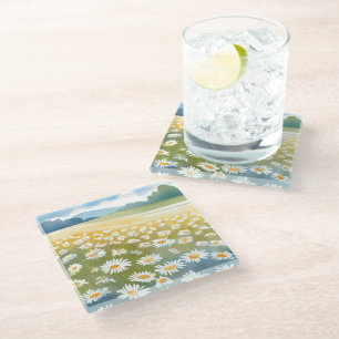 Dessous-de-verre En Verre Champ de pâquerettes Peinture florale de prairie