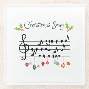 Dessous-de-verre En Verre Chanson de Noël Notes de Musique Oiseaux et Houx