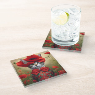 Dessous-de-verre En Verre Chat avec une robe faite de coquelicot