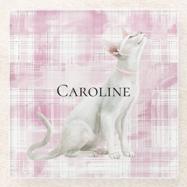 Dessous-de-verre En Verre Chat blanc à plis rose (Devant)