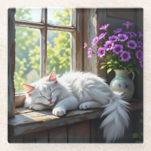 Dessous-de-verre En Verre Chat blanc endormi et fleurs violettes 
