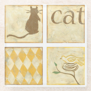 Dessous-de-verre En Verre Chat Brown et oiseau jaune par Chariklia Zarris