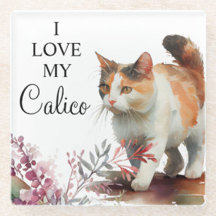 Dessous-de-verre En Verre Chat calicot à l'aquarelle avec fleurs printanière