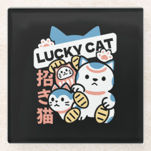 Dessous-de-verre En Verre Chat chanceux Art – Maneki Neko avec pièce d'or
