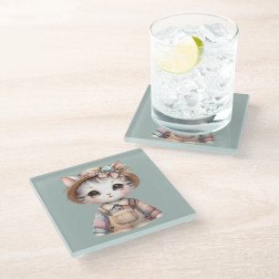 Dessous-de-verre En Verre Chat Cottagecore au look Pastel en Salopette & Cha
