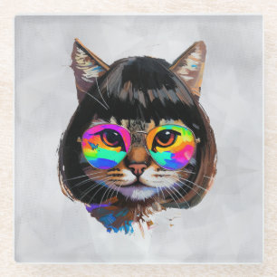 Dessous-de-verre En Verre Chat dans une perruque + Lunettes de soleil (Peint