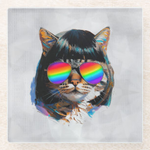 Dessous-de-verre En Verre Chat dans une perruque + Lunettes de soleil (Peint