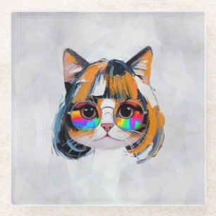 Dessous-de-verre En Verre Chat dans une perruque + Lunettes de soleil (Peint