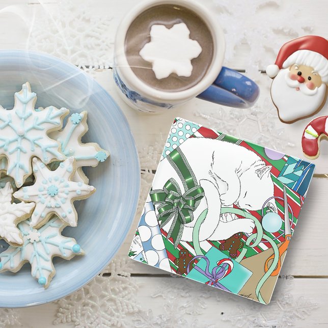 Dessous-de-verre En Verre Chat de Noël blanc (Créateur téléchargé)