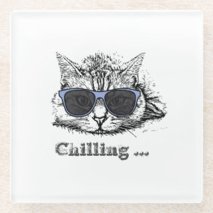 Dessous-de-verre En Verre Chat Drôle Chilling Avec De Mignonnes Lunettes De