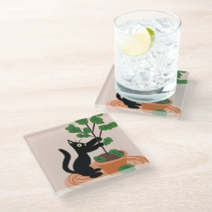Dessous-de-verre En Verre Chat drôle Figuier Arbre Plantes en pot Dessinés à