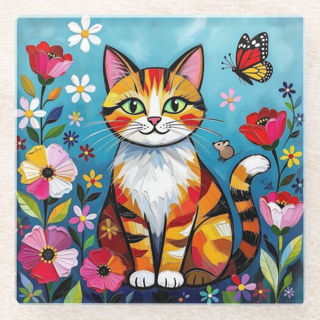 Dessous-de-verre En Verre Chat Impasto, Fleurs & Papillon (Devant)