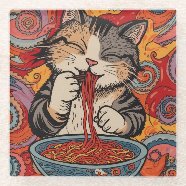 Dessous-de-verre En Verre chat kawaii mangeant des nouilles (Devant)