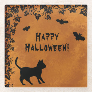 Dessous-de-verre En Verre Chat noir avec chauve-souris, Happy Halloween