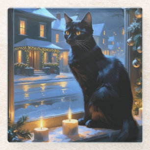 Dessous-de-verre En Verre Chat Noir Avec Lumières De Noël Férié