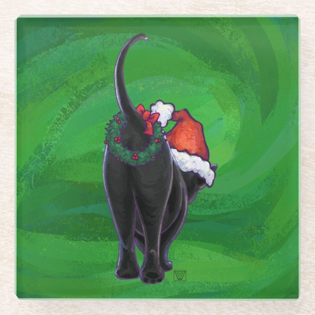 Dessous-de-verre En Verre Chat noir de Noël en vert (Devant)