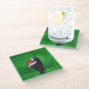 Dessous-de-verre En Verre Chat noir de Noël sur fond vert
