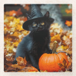 Dessous-de-verre En Verre Chat noir d'Halloween et Citrouille