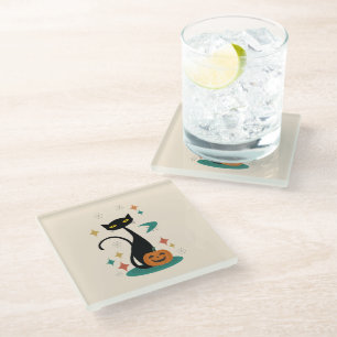 Dessous-de-verre En Verre Chat noir du milieu du siècle d'Halloween