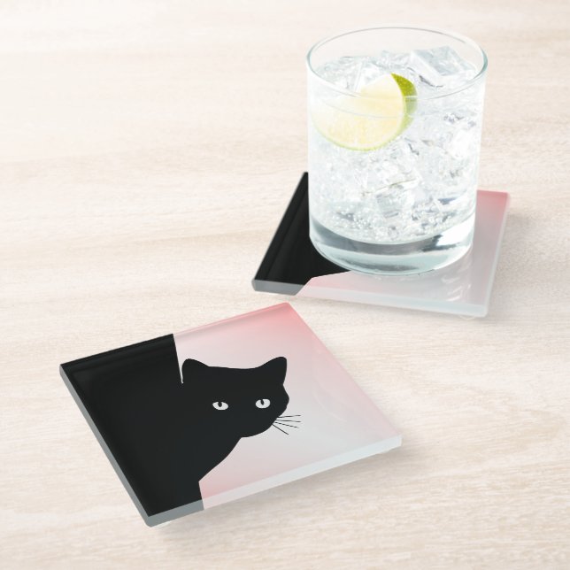 Dessous-de-verre En Verre Chat Noir Rusé Rose (Incliné)