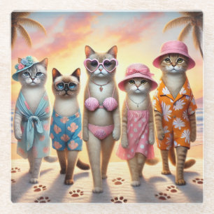 Dessous-de-verre En Verre Chat siamois fête sur la plage ambiance tropicale 