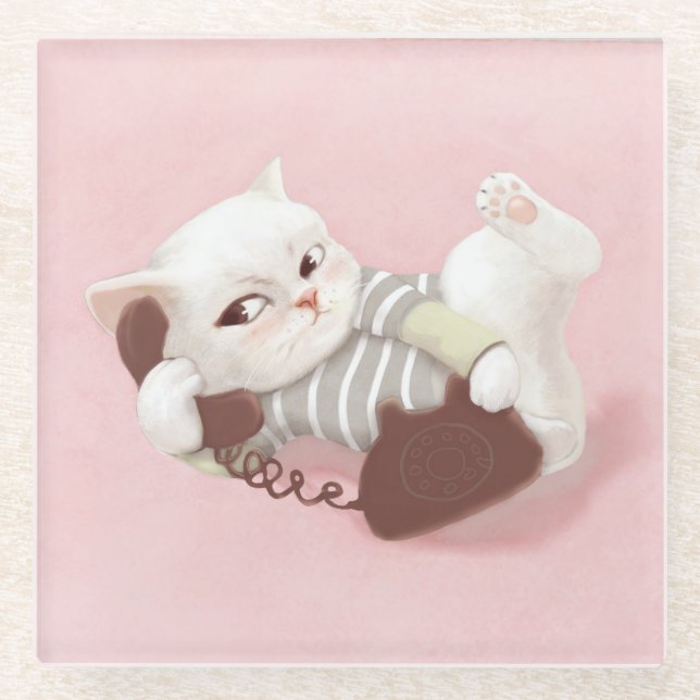 Dessous-de-verre En Verre Chat sur le téléphone (Devant)