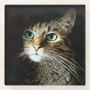 Dessous-de-verre En Verre Chat Tigre Aux Yeux Verts Isolés Sur Fond Noir