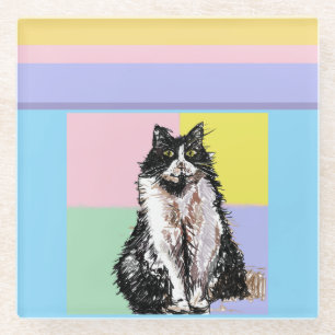Dessous-de-verre En Verre Chat Tuxedo Couleurs Pastel Rose Nom Fille