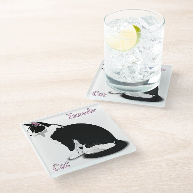 Dessous-de-verre En Verre Chat Tuxedo noir et blanc Personnalisé (Incliné)
