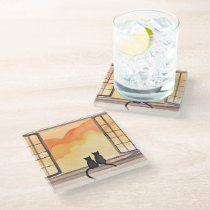Dessous-de-verre En Verre Chats à la fenêtre Silhouette aquarelle au couch