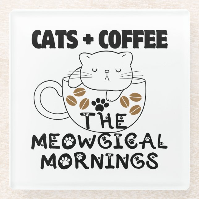 Dessous-de-verre En Verre Chats + Café = Matins Meowgical.w (Devant)