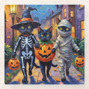 Dessous-de-verre En Verre Chats noirs en costumes d'Halloween