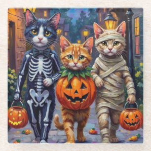 Dessous-de-verre En Verre Chats Smokings faisant Trick-or-Treating dans un c