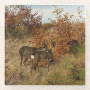 Dessous-de-verre En Verre Chevreuil avec feuilles d'automne faune vintage