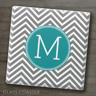 Dessous-de-verre En Verre Chevrons gris et Turquoises - Monogramme personnal