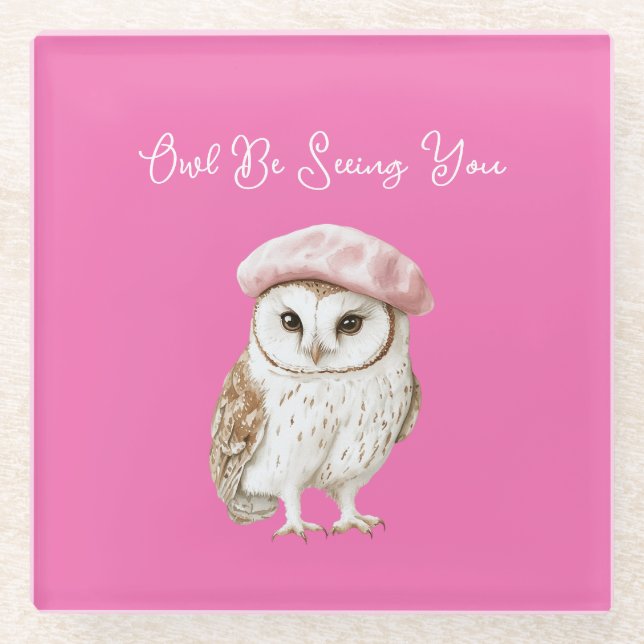 Dessous-de-verre En Verre Chic Pink Beret Brown White Owl Be Seeing You (Devant)