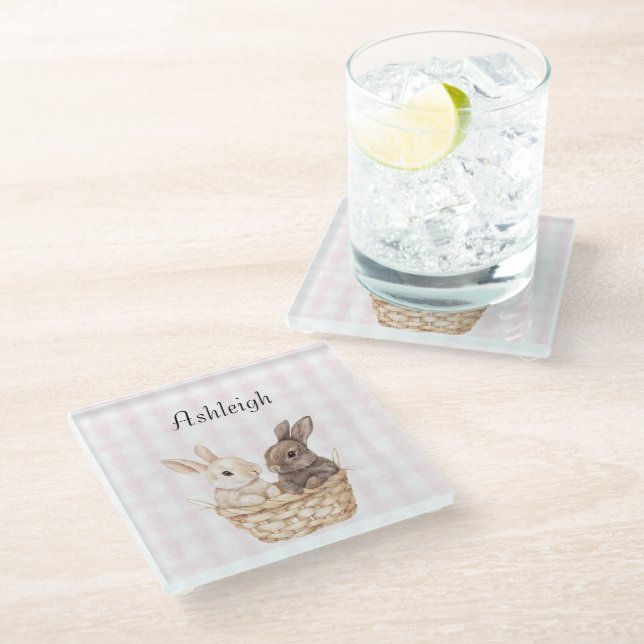 Dessous-de-verre En Verre Chic Pink Plaid Stripes Bunnies dans le panier Pâq (Incliné)