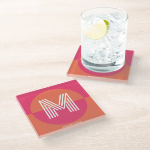 Dessous-de-verre En Verre Chic Rétro Rose Orange Géométrique Monogramme Mode