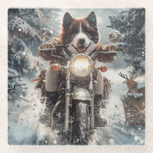 Dessous-de-verre En Verre Chien Akita Américain en moto Noël