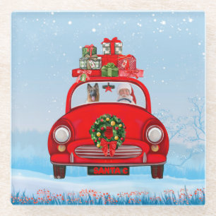 Dessous-de-verre En Verre Chien berger allemand en voiture avec le Père Noël